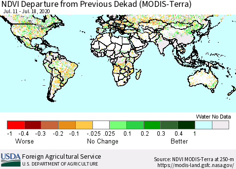World NDVI Departure from Previous Dekad (Terra-MODIS) Thematic Map For 7/11/2020 - 7/20/2020