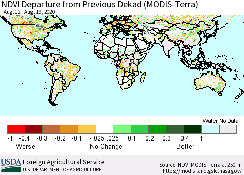 World NDVI Departure from Previous Dekad (Terra-MODIS) Thematic Map For 8/11/2020 - 8/20/2020