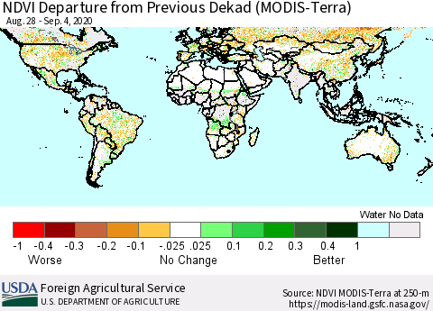 World NDVI Departure from Previous Dekad (Terra-MODIS) Thematic Map For 9/1/2020 - 9/10/2020