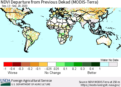 World NDVI Departure from Previous Dekad (Terra-MODIS) Thematic Map For 9/11/2020 - 9/20/2020