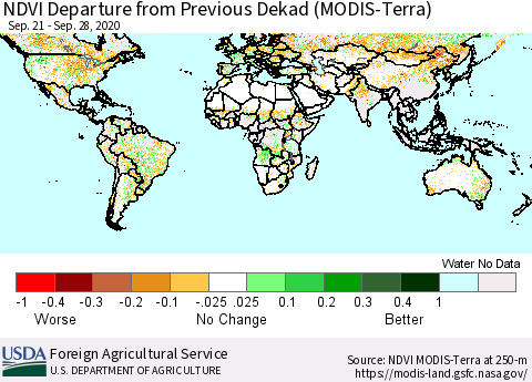 World NDVI Departure from Previous Dekad (Terra-MODIS) Thematic Map For 9/21/2020 - 9/30/2020