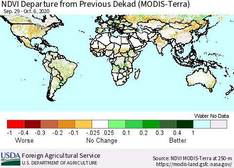 World NDVI Departure from Previous Dekad (Terra-MODIS) Thematic Map For 10/1/2020 - 10/10/2020