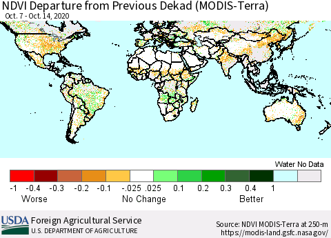 World NDVI Departure from Previous Dekad (Terra-MODIS) Thematic Map For 10/11/2020 - 10/20/2020
