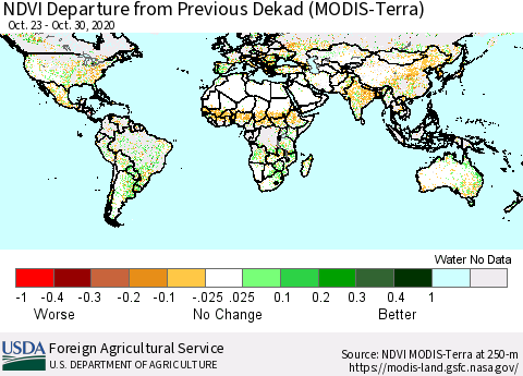 World NDVI Departure from Previous Dekad (Terra-MODIS) Thematic Map For 10/21/2020 - 10/31/2020