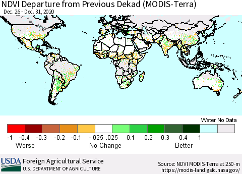 World NDVI Departure from Previous Dekad (Terra-MODIS) Thematic Map For 12/21/2020 - 12/31/2020