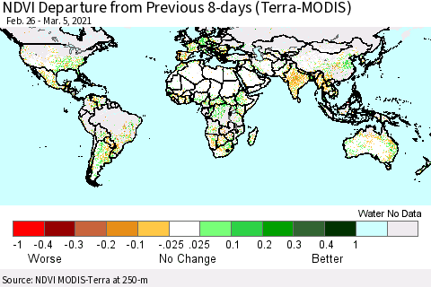 World NDVI Departure from Previous 8-days (Terra-MODIS) Thematic Map For 2/26/2021 - 3/5/2021