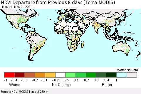 World NDVI Departure from Previous 8-days (Terra-MODIS) Thematic Map For 3/14/2021 - 3/21/2021