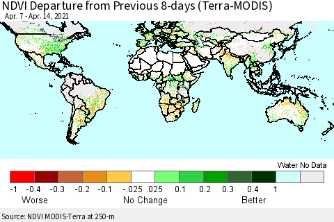 World NDVI Departure from Previous 8-days (Terra-MODIS) Thematic Map For 4/7/2021 - 4/14/2021