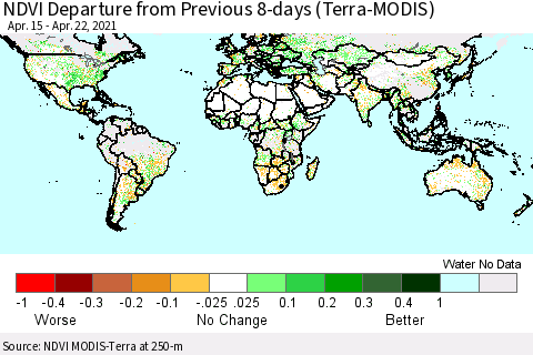 World NDVI Departure from Previous 8-days (Terra-MODIS) Thematic Map For 4/15/2021 - 4/22/2021