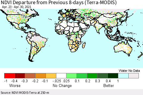 World NDVI Departure from Previous 8-days (Terra-MODIS) Thematic Map For 4/23/2021 - 4/30/2021