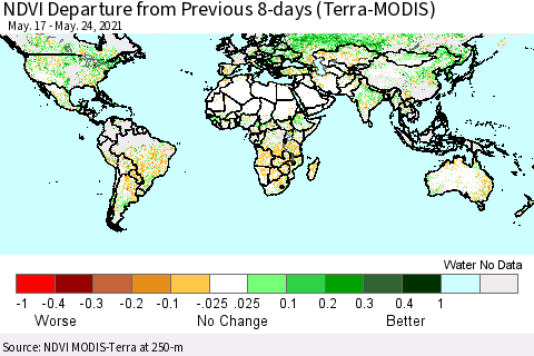 World NDVI Departure from Previous 8-days (Terra-MODIS) Thematic Map For 5/17/2021 - 5/24/2021