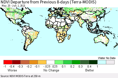 World NDVI Departure from Previous 8-days (Terra-MODIS) Thematic Map For 5/25/2021 - 6/1/2021