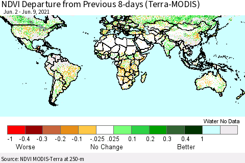 World NDVI Departure from Previous 8-days (Terra-MODIS) Thematic Map For 6/2/2021 - 6/9/2021