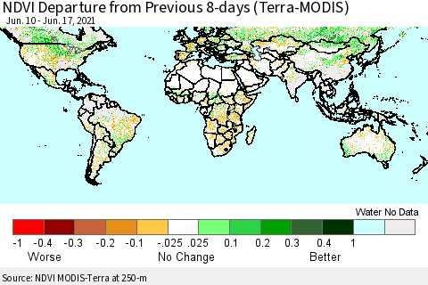 World NDVI Departure from Previous 8-days (Terra-MODIS) Thematic Map For 6/10/2021 - 6/17/2021