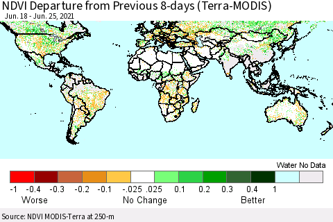 World NDVI Departure from Previous 8-days (Terra-MODIS) Thematic Map For 6/18/2021 - 6/25/2021