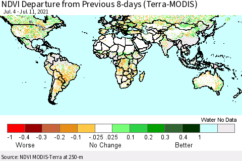 World NDVI Departure from Previous 8-days (Terra-MODIS) Thematic Map For 7/4/2021 - 7/11/2021