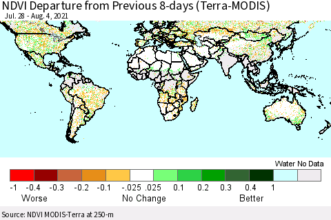 World NDVI Departure from Previous 8-days (Terra-MODIS) Thematic Map For 7/28/2021 - 8/4/2021