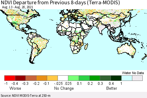World NDVI Departure from Previous 8-days (Terra-MODIS) Thematic Map For 8/13/2021 - 8/20/2021
