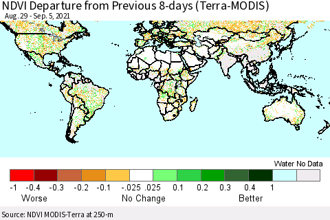 World NDVI Departure from Previous 8-days (Terra-MODIS) Thematic Map For 8/29/2021 - 9/5/2021