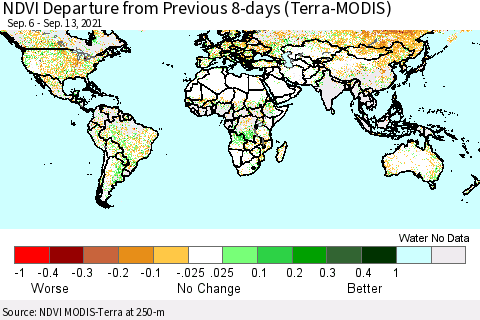 World NDVI Departure from Previous 8-days (Terra-MODIS) Thematic Map For 9/6/2021 - 9/13/2021