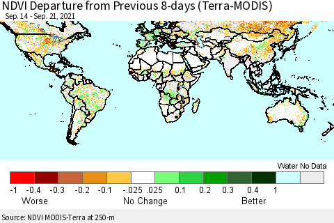 World NDVI Departure from Previous 8-days (Terra-MODIS) Thematic Map For 9/14/2021 - 9/21/2021