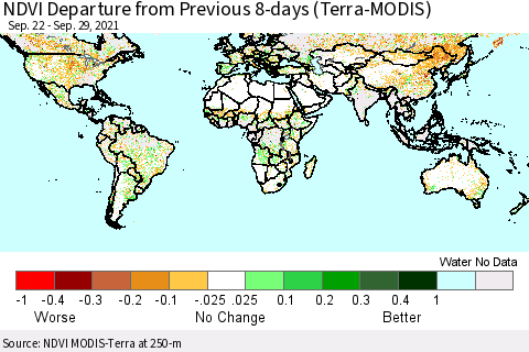 World NDVI Departure from Previous 8-days (Terra-MODIS) Thematic Map For 9/22/2021 - 9/29/2021