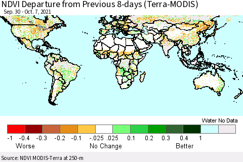 World NDVI Departure from Previous 8-days (Terra-MODIS) Thematic Map For 9/30/2021 - 10/7/2021