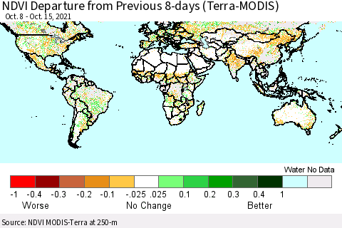 World NDVI Departure from Previous 8-days (Terra-MODIS) Thematic Map For 10/8/2021 - 10/15/2021