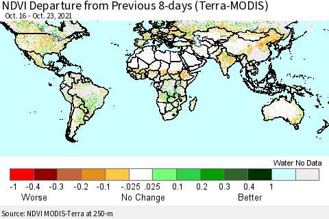 World NDVI Departure from Previous 8-days (Terra-MODIS) Thematic Map For 10/16/2021 - 10/23/2021