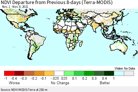 World NDVI Departure from Previous 8-days (Terra-MODIS) Thematic Map For 11/1/2021 - 11/8/2021
