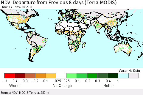World NDVI Departure from Previous 8-days (Terra-MODIS) Thematic Map For 11/17/2021 - 11/24/2021
