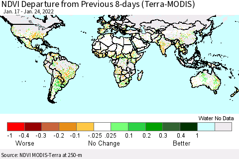 World NDVI Departure from Previous 8-days (Terra-MODIS) Thematic Map For 1/17/2022 - 1/24/2022