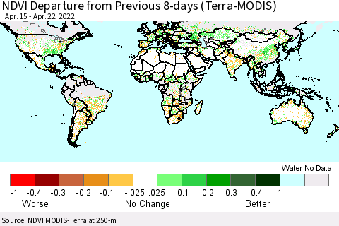 World NDVI Departure from Previous 8-days (Terra-MODIS) Thematic Map For 4/15/2022 - 4/22/2022
