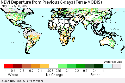World NDVI Departure from Previous 8-days (Terra-MODIS) Thematic Map For 5/9/2022 - 5/16/2022