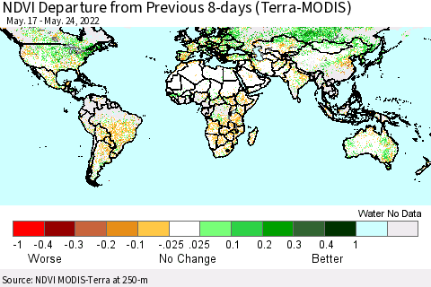 World NDVI Departure from Previous 8-days (Terra-MODIS) Thematic Map For 5/17/2022 - 5/24/2022