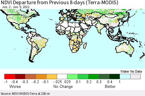 World NDVI Departure from Previous 8-days (Terra-MODIS) Thematic Map For 6/2/2022 - 6/9/2022