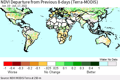 World NDVI Departure from Previous 8-days (Terra-MODIS) Thematic Map For 6/10/2022 - 6/17/2022