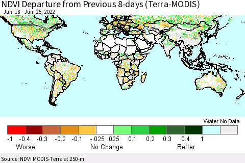 World NDVI Departure from Previous 8-days (Terra-MODIS) Thematic Map For 6/18/2022 - 6/25/2022