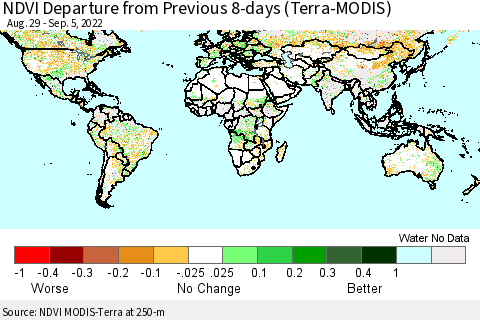 World NDVI Departure from Previous 8-days (Terra-MODIS) Thematic Map For 8/29/2022 - 9/5/2022