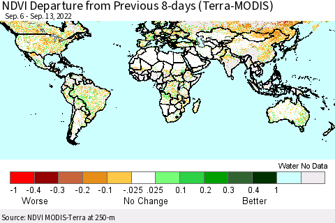 World NDVI Departure from Previous 8-days (Terra-MODIS) Thematic Map For 9/6/2022 - 9/13/2022