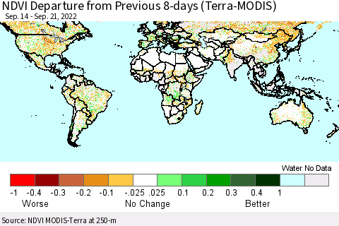 World NDVI Departure from Previous 8-days (Terra-MODIS) Thematic Map For 9/14/2022 - 9/21/2022