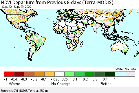 World NDVI Departure from Previous 8-days (Terra-MODIS) Thematic Map For 9/22/2022 - 9/29/2022
