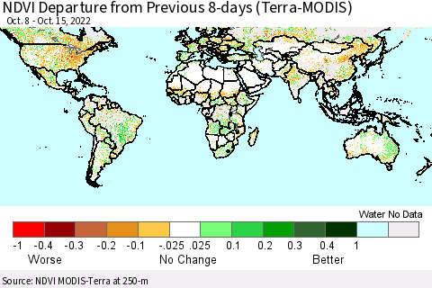 World NDVI Departure from Previous 8-days (Terra-MODIS) Thematic Map For 10/8/2022 - 10/15/2022