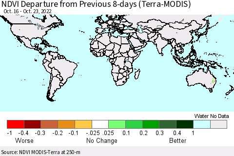 World NDVI Departure from Previous 8-days (Terra-MODIS) Thematic Map For 10/16/2022 - 10/23/2022