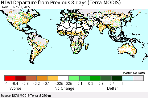 World NDVI Departure from Previous 8-days (Terra-MODIS) Thematic Map For 11/1/2022 - 11/8/2022