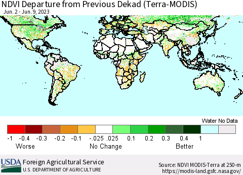 World NDVI Departure from Previous Dekad (Terra-MODIS) Thematic Map For 6/1/2023 - 6/10/2023