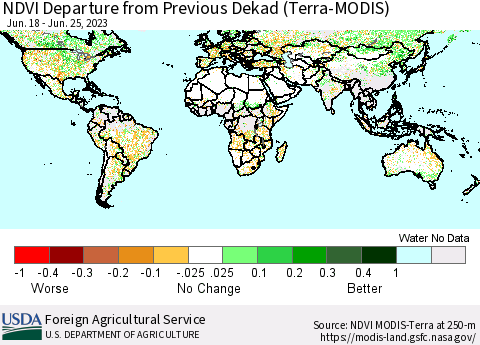 World NDVI Departure from Previous Dekad (Terra-MODIS) Thematic Map For 6/21/2023 - 6/30/2023