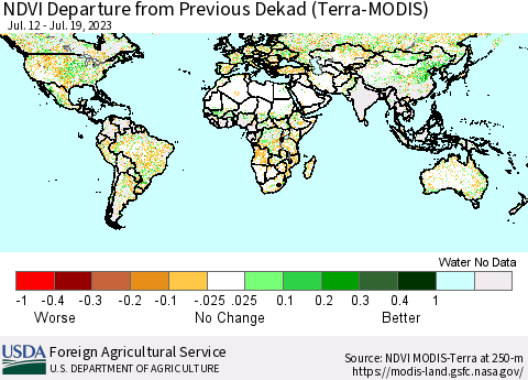 World NDVI Departure from Previous Dekad (Terra-MODIS) Thematic Map For 7/11/2023 - 7/20/2023