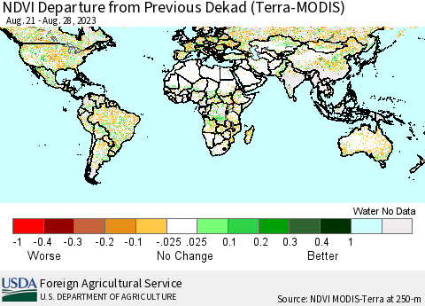 World NDVI Departure from Previous Dekad (Terra-MODIS) Thematic Map For 8/21/2023 - 8/31/2023