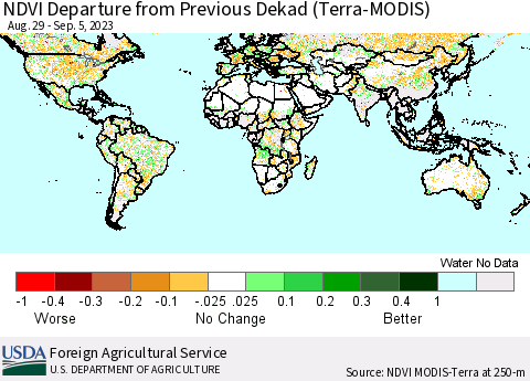 World NDVI Departure from Previous Dekad (Terra-MODIS) Thematic Map For 9/1/2023 - 9/10/2023
